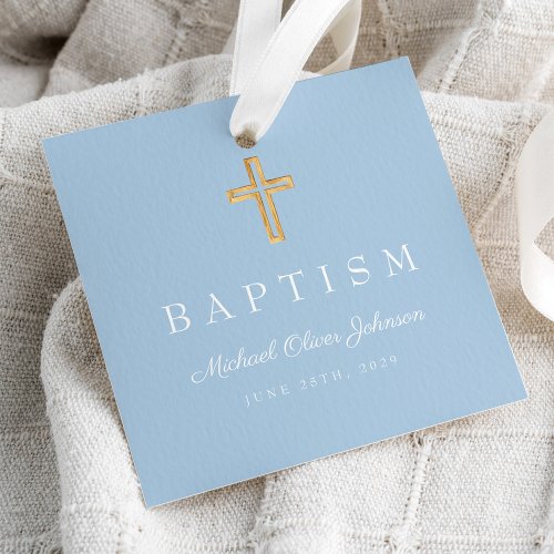 Modern Baby Blue Religious Cross Boy Baptism  Favor Tags