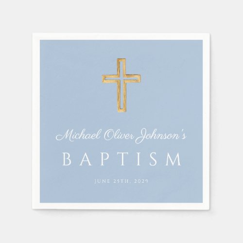 Modern Baby Blue Religious Cross Boy Baptism Napkins