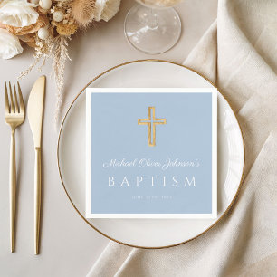 Modern Baby Blue Religious Cross Boy Baptism Napkins