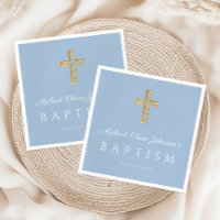 Modern Baby Blue Religious Cross Boy Baptism Napkins