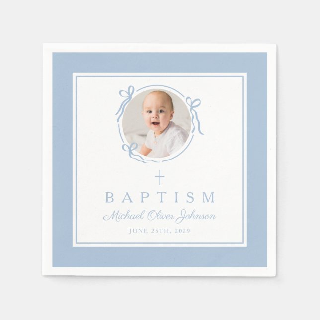 Modern Baby Blue Religius Cross Boy Baptism Napkins (Front)