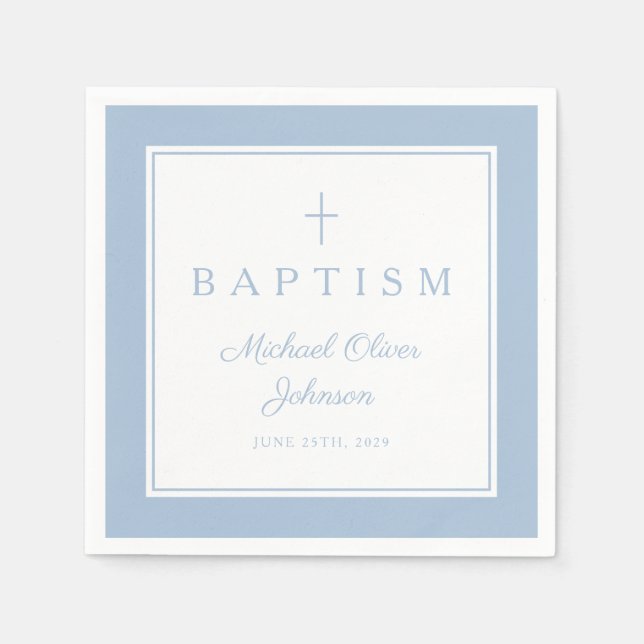 Modern Baby Blue Religius Cross Boy Baptism Napkins (Front)