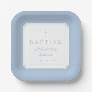 Modern Baby Blue Religius Cross Boy Baptism Paper Plates