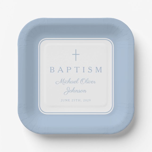 Modern Baby Blue Religius Cross Boy Baptism Paper Plates (Front)
