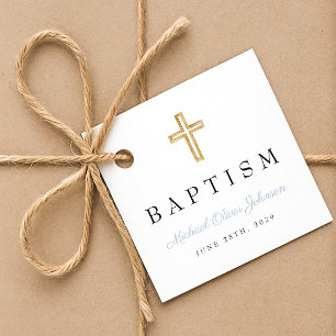 Modern Baby Blue Script Religious Boy Baptism Favor Tags