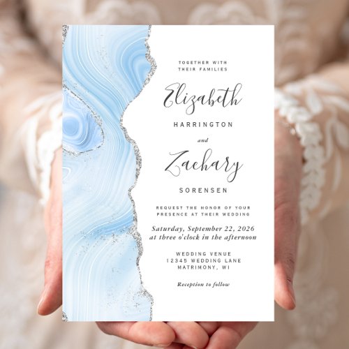 Modern Baby Blue Silver Agate Wedding Invitation