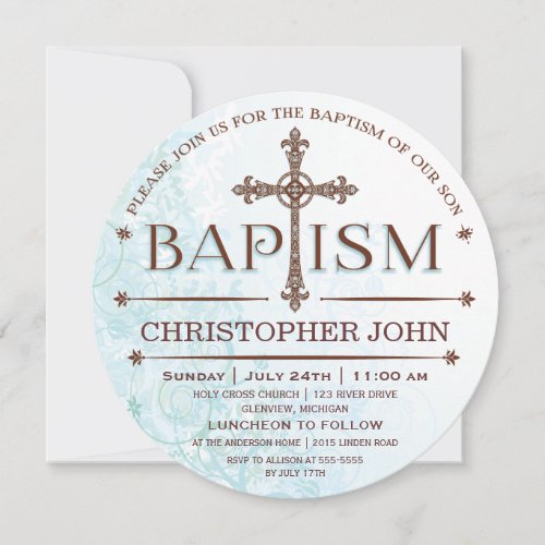 Modern Baby Boy Baptism Circle Invitation 5.25" Square Invitation Card