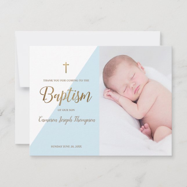 Modern Baby Boy Blue Photo Baptism Thank You Card (Front)