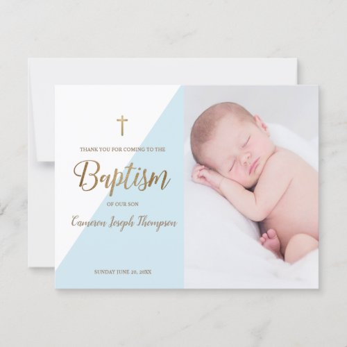 Modern Baby Boy Blue Photo Baptism Thank You Card