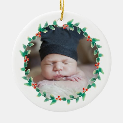 Modern Baby Boy First Christmas Photo Holly Berry Ceramic Ornament