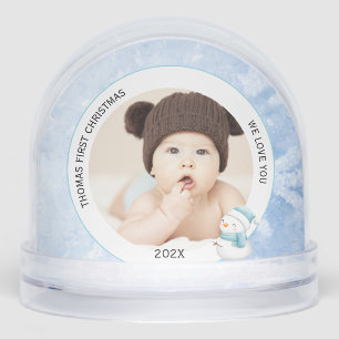 Modern Baby Boy First Christmas Photo Icy Blue Snow Globe