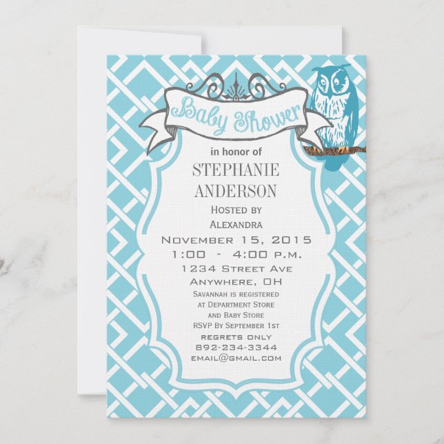 Modern Baby Boy Geometric Pattern Owl Shower Invitation (Front)