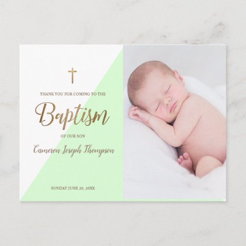Modern Baby Boy Green Photo Baptism Thank You Postcard