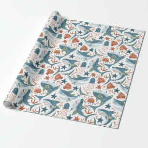 Modern Baby Boy Kids Birthday Under The Sea Shark Wrapping Paper