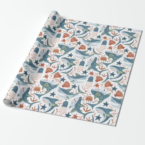 Modern Baby Boy Kids Birthday Under The Sea Shark Wrapping Paper