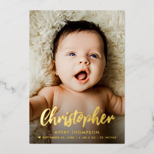 Modern Baby Boy Name script custom photo birth Foil Holiday Card