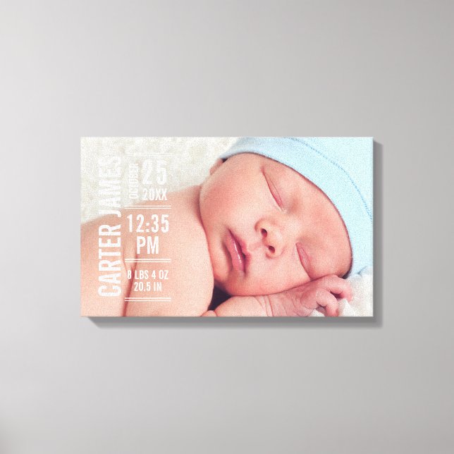 Modern Baby Boy Photo Birth Stats Canvas Print (Front)