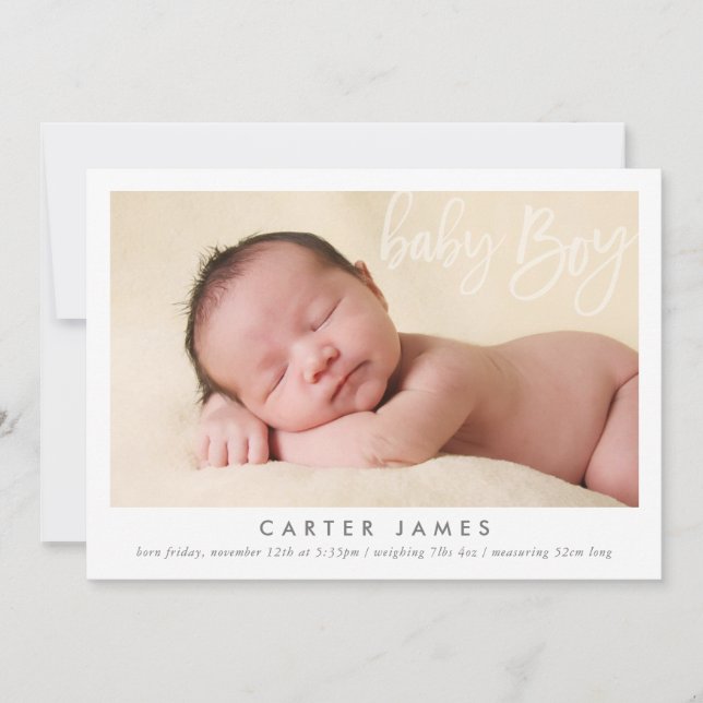 MODERN BABY BOY PHOTO calligraphy type overlay Announcement (Front)