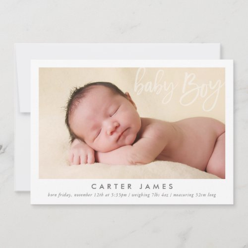 MODERN BABY BOY PHOTO calligraphy type overlay Announcement