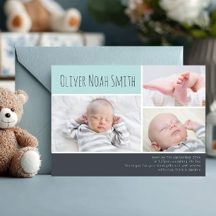 Modern Baby Boy Photo Collage Birth Announcement