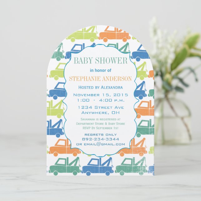 Modern Baby Boy Tow Truck Shower Arch Shape Invitation (Standing Front)