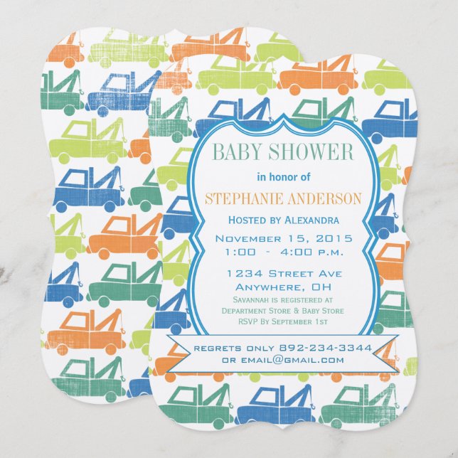 Modern Baby Boy Tow Truck Shower Invitation (Front/Back)