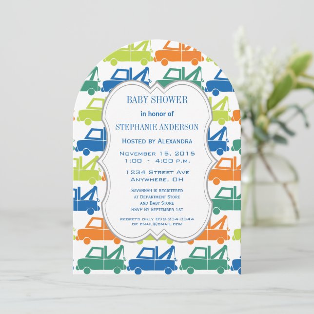 Modern Baby Boy Tow Truck Shower Invitation (Standing Front)