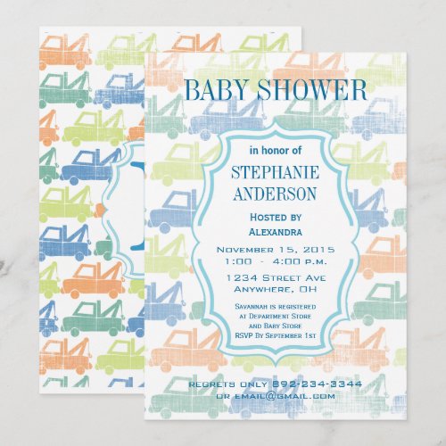 Modern Baby Boy Tow Truck Shower Personalized Invitations