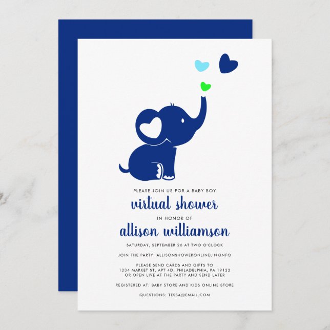 Modern Baby Boy Virtual Shower Blue Elephant Invitation (Front/Back)