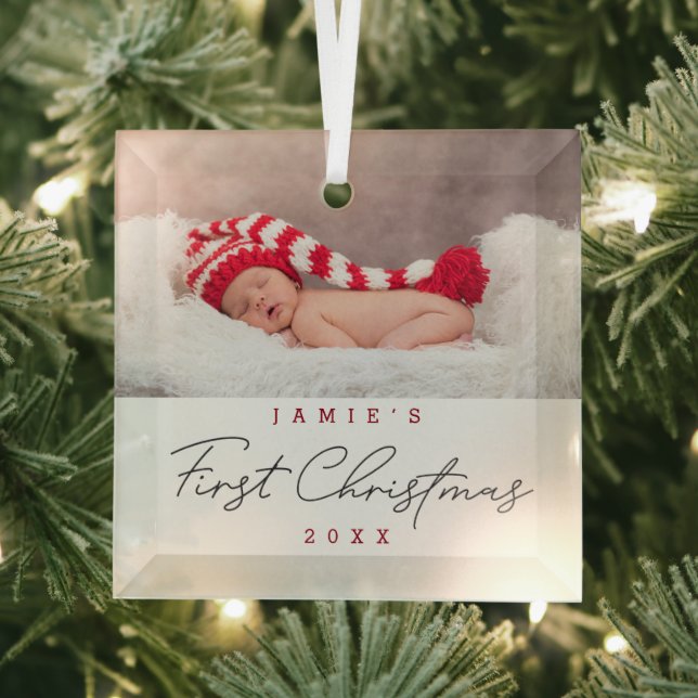 Modern Baby First Christmas Custom Glass Ornament (Insitu)