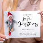 Modern Baby First Christmas Custom Photo Card<br><div class="desc">Modern Baby First Christmas Custom Photo Card. Available digitally and printed. Lovely to celebrate your baby's first Christmas. A playful set script for First Christmas and the rest of the text is easy to personalise. Replace the sample photo with your own. A gradient overlay layer is on top of your...</div>