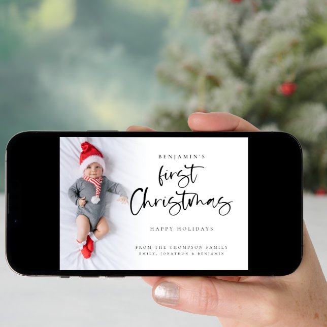 Modern Baby First Christmas Custom Photo Card (Front Digital)