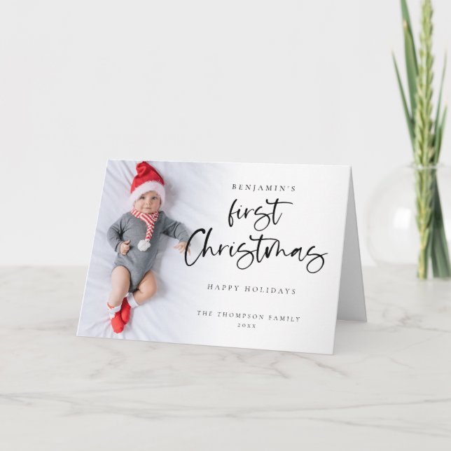 Modern Baby First Christmas Custom Photo Folded Holiday Card (Front)