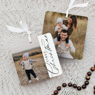 Modern Baby First Christmas Family Photo Keepsake Metal Ornament