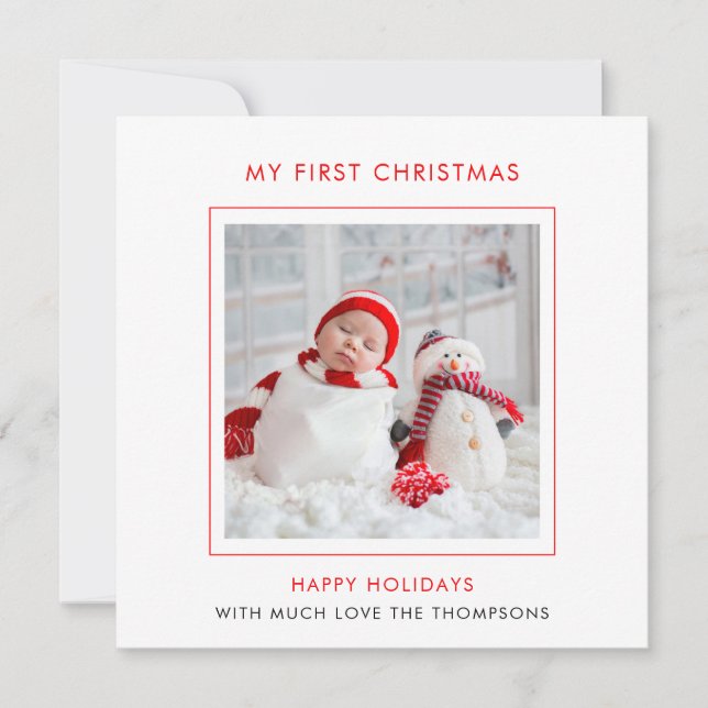Modern Baby First Christmas Photo Holiday Note Card (Front)