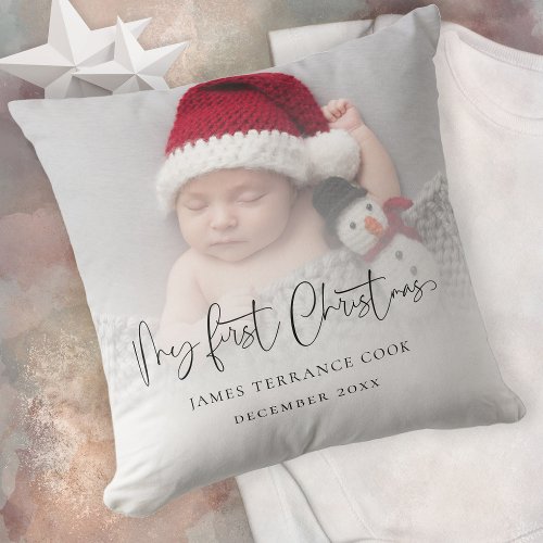Modern Baby First Christmas Photo Overlay  Throw Pillow