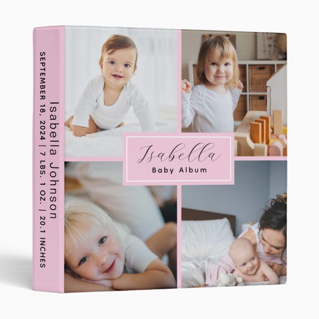 Modern Baby Girl 4 Photo Album Personalized 3 Ring Binder (Front/Spine)