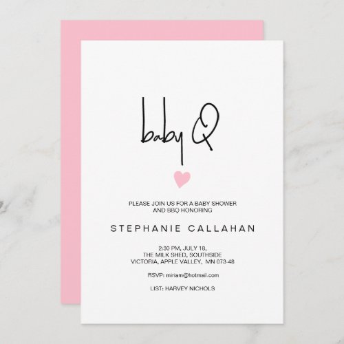 Modern Baby Girl BBQ Shower Tiny Pink Heart  Invitation