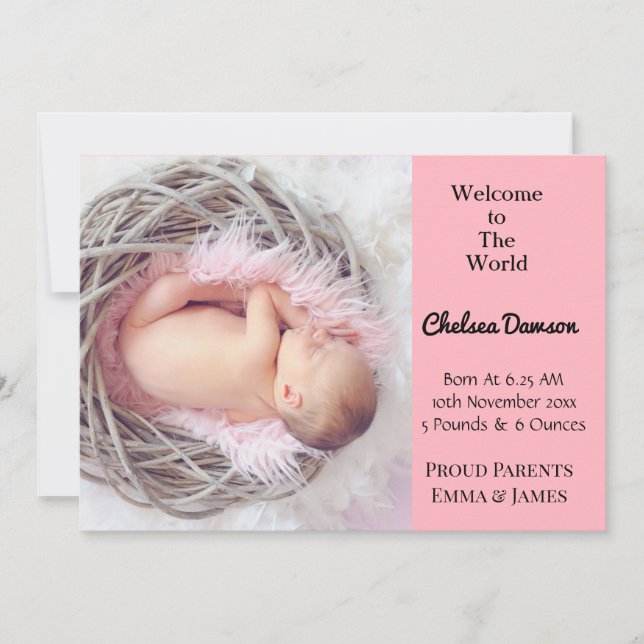 Modern Baby Girl Birth Announcement Card (Front)
