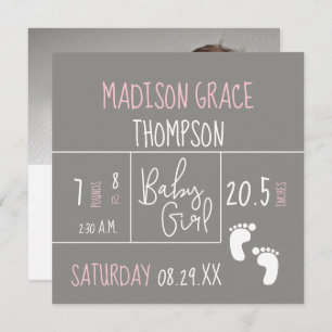 Modern Baby Girl  Birth Announcement Photo Pink