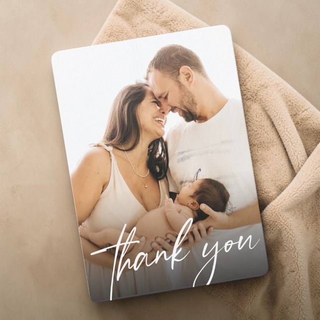 Modern Baby Girl Birth Custom Newborn photography Thank You Card (Modern Thank you Script, handlettering style photo card)