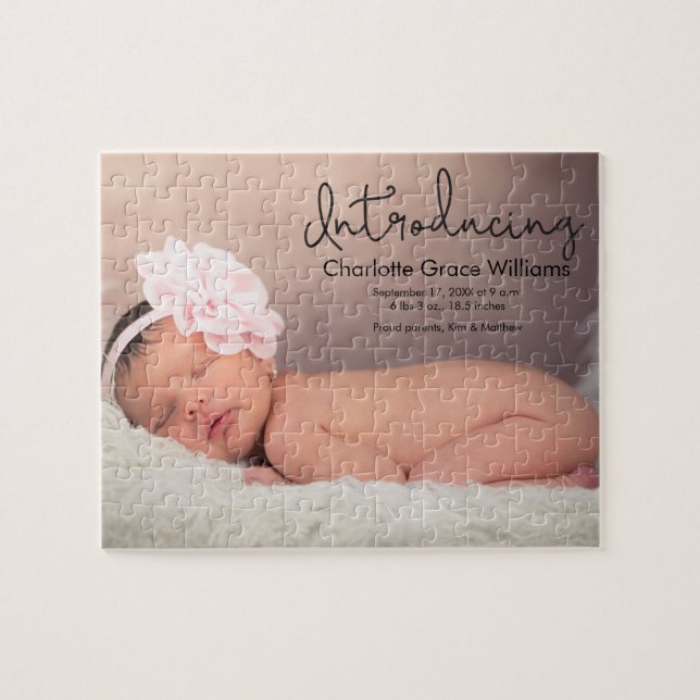 Modern Baby girl Birth Photo Announcement Jigsaw Puzzle (Horizontal)