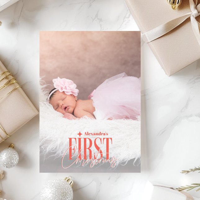 Modern Baby Girl First Christmas Custom Photo Holiday Card (Creator Uploaded)