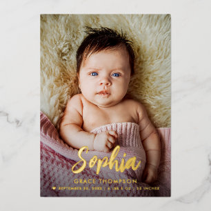 Modern Baby GIRL Name script custom photo birth Foil Holiday Card