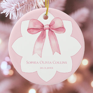 Modern Baby Girl Personalized Pink Watercolor Bow Ceramic Ornament