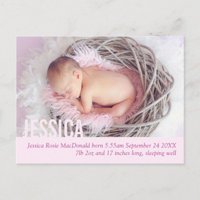 Modern baby girl photo announcement postcard (Front)