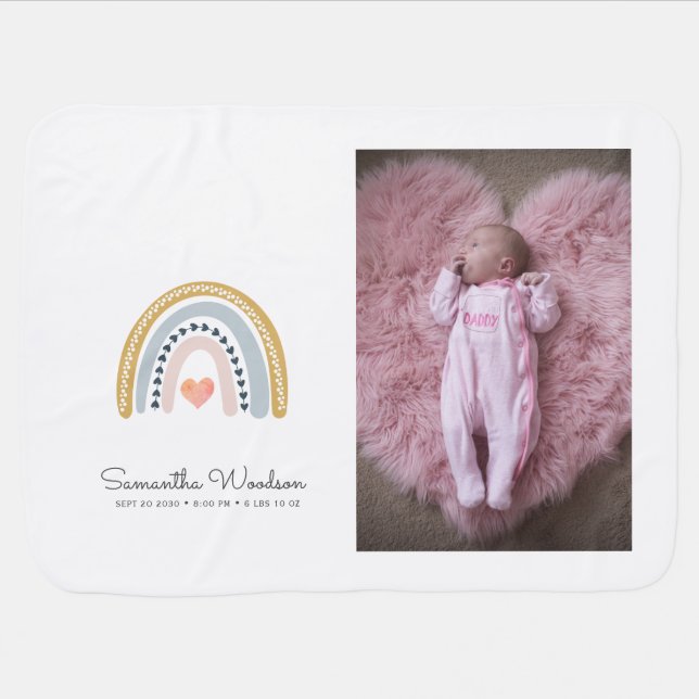 Modern Baby Girl Photo Birth Pink Blanket (Horizontal)