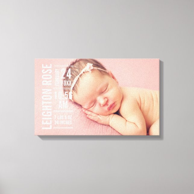 Modern Baby Girl Photo Birth Stats Canvas Print (Front)