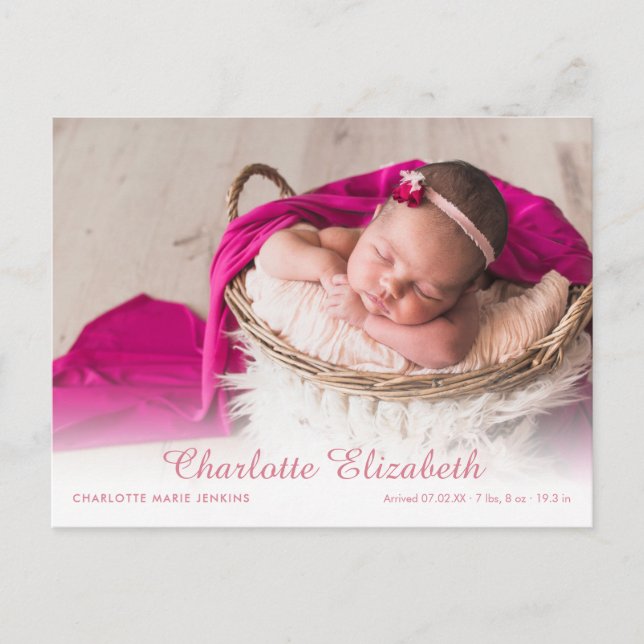 Modern Baby Girl Photo Script Birth Announcement (Front)
