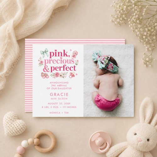 Modern Baby Girl Pink Precious Perfect Photo Birth Announcement